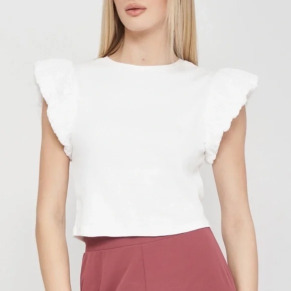 white ruffle sleeve crop top
